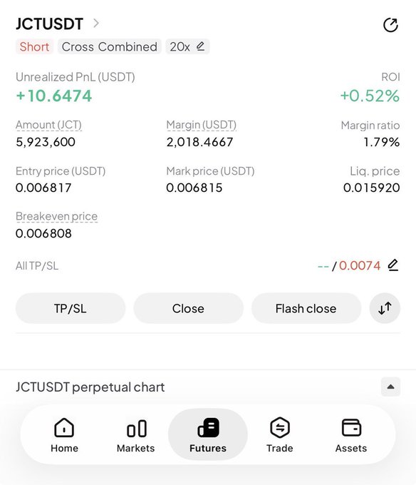 The image shows a screen displaying various information about a short position taken by someone. The text states that $JCT Entry: $0.0068 Stop loss: $0.0074, which indicates the person has invested in $0.006 or less of the stock and is now waiting for it to drop below $0.006 before selling their shares. This investment seems risky as it could result in a loss if the stock price does not increase accordingly. The post refers to "Just opened a massive short position on $JCT Entry: $0.006", indicating that the person has entered a substantial amount of money into this particular trade. Furthermore, there is another post which explains that this entry is for an asset called "trade futures".