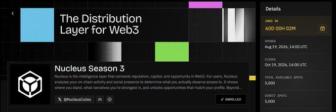 A promotional banner for 'Nucleus Season 3' titled 'The Distribution Layer for Web3,' showing an enrolled status with 5,000 total available spots and a countdown timer.
