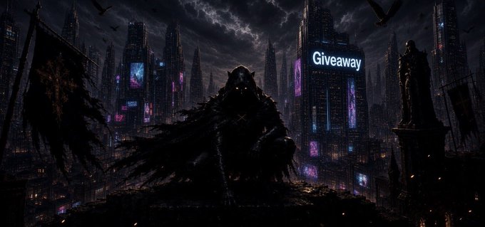 A shadowy, armored figure with a tattered cape crouches atop a rooftop overlooking a dark, gothic cityscape illuminated by glowing billboards, one prominently displaying the word "Giveaway." The eerie, ominous scene pairs with a Solana-themed social media giveaway post offering $5 to 20 participants and $100 to a selected winner in exchange for engagement actions.