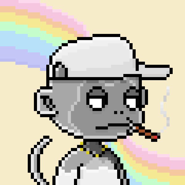 Pixel art character of a gray-skinned zombie-like figure wearing a white cap, smoking a cigarette, with a rainbow trail in the background.