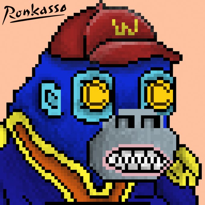 A pixel art illustration of a blue monkey-like character wearing a red cap and gold chain, signed 'Ronkasso' in the upper left corner.