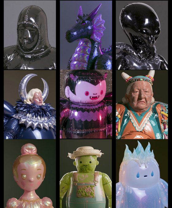 A 3x3 grid of diverse 3D character renders including a chrome hooded figure, a dragon, an alien, a horned warrior, a pink bat creature, a Native American chief, a gold-headed doll, a green farmer, and a white ghost-like figure.