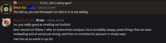 A Discord conversation shows user "Bitch Ass" mocking "Big Dick Clashy" for claiming to know who is or isn't selling crypto, while Big Dick Clashy warns that "btw i would not follow" lookonchain analysis, calling the account "incredibly sloppy" and "monetize[s] my account in shady ways." The exchange illustrates the criticism of misleading crypto influencers referenced in the accompanying post about muting accounts that falsely claim "Institutions are dumping $HYPE."