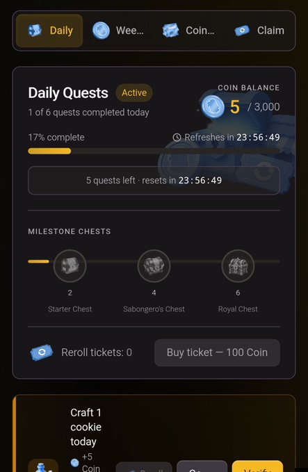 A dark-themed 'Daily Quests' interface shows 1 of 6 quests completed today (17% complete) with a coin balance of 5/3,000, refresh timer at 23:56:49, and milestone chests including Starter Chest, Sabongero's Chest, and Royal Chest.