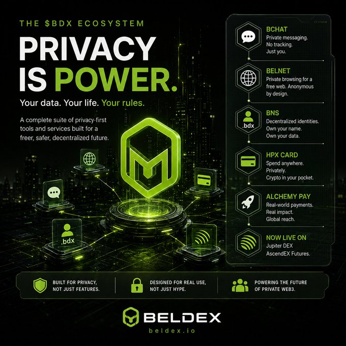 A promotional infographic for the Beldex (BDX) ecosystem with the slogan 'PRIVACY IS POWER. Your data. Your life. Your rules.' showcasing services like BCHAT, BELNET, BNS, HPX CARD, and ALCHEMY PAY.
