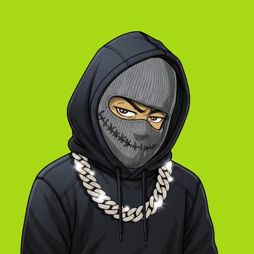 An illustration depicts a figure wearing a black hoodie and a gray balaclava with a stitched mouth, adorned with a silver chain necklace against a green background.
