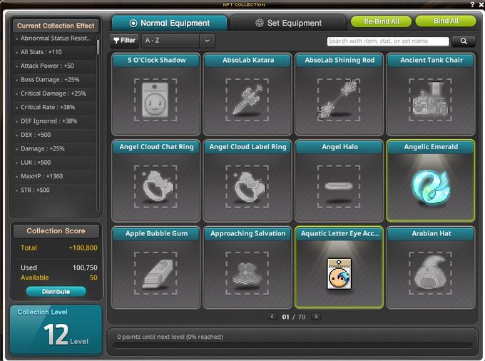 A video game NFT Collection inventory screen showing equipable items like "5 O'Clock Shadow," "AbsoLab Katara," and "Angelic Emerald," with collection stats on the left including "Abnormal Status Resist." and "Collection Level 12."