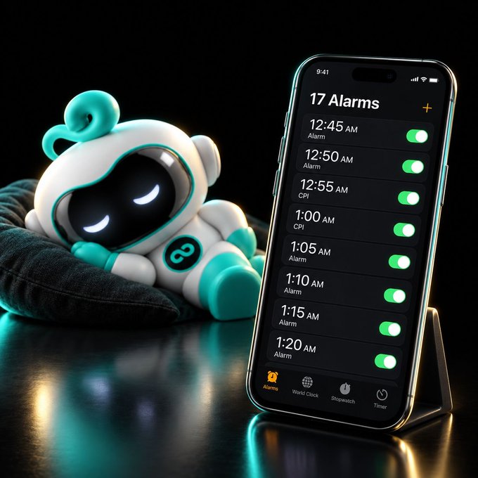 A sleeping white and teal robot plush rests peacefully beside a smartphone displaying "17 Alarms" with notifications set from 12:45 AM through 1:20 AM, all active alongside a World Clock and Timer—visually capturing the irony of needing to wake up repeatedly before the CPI release.