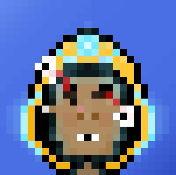 A pixel art illustration of an Egyptian pharaoh character with a golden and turquoise headdress, dark skin, and red eyes against a blue background.