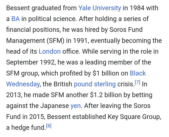 The image is a Wikipedia-style text excerpt about Scott Bessent, detailing his education at Yale University (1984), his time at Soros Fund Management starting in 1991, and his role in the 1992 Black Wednesday short of the British pound that profited $1 billion.

The image relates to the post by providing background on Bessent's long association with George Soros, which the commenter references when criticizing his mentor and urging bipartisanship regarding $LUNC.