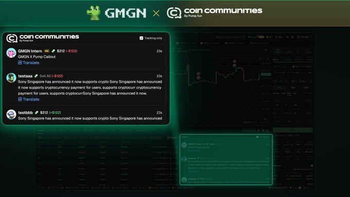 The image shows a screenshot of a website called @CoinComms, which appears to be an information or news platform that covers cryptocurrency trading activities, with a focus on Bitcoin transactions. The top left corner displays an alert screen containing text about GMGN's new crypto exchange feature. Below this alert is a post from the @gmgnapp001 account explaining how the GMGN platform uses Twitter's real-time location data to provide information and updates for its users during their trading activities, helping them stay informed before making decisions about their transactions.