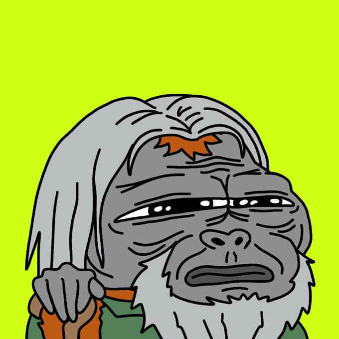 A cartoon illustration of a tired-looking, gray-haired ape or gorilla character against a bright green background, holding what appears to be a cigar. The weary, exasperated expression aligns with the post's teasing "stay tuned" message, suggesting the creator is building anticipation for an upcoming NFT or art collection reveal.