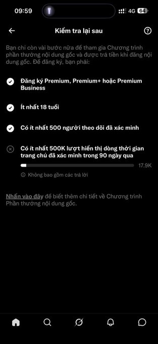 A screenshot of a mobile app in Vietnamese titled 'Kiểm tra lại sau', listing requirements to join a creator rewards program, including having at least 500 followers and 500K story impressions.