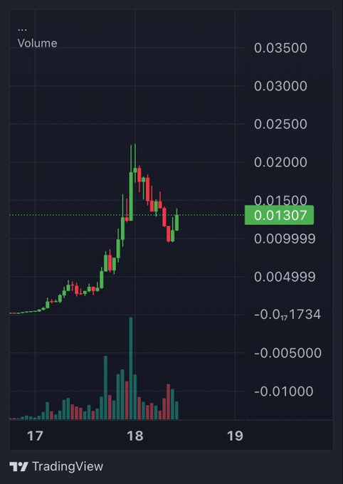 This is a TradingView chart showing the price action for "$Jimothy" from the 17th to the 19th, with the current price at $0.01307.