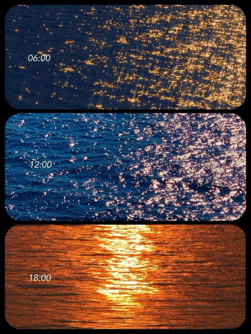 Three stacked panels show water at different times of day, labeled "06:00" (golden sparks on dark blue), "12:00" (silver sparkles on bright blue), and "18:00" (a warm orange sunset reflection).