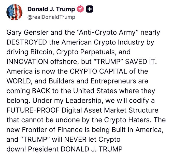 The image features a text that reads "Thanks to @POTUS Donald J. Trump". This text is related to the post about Bitcoin and cryptocurrency, as it seems to be a response or comment from someone who supports President Trump's leadership. The image also includes a quote from Donald J. Trump himself, stating that America is now the Crypto Capital of the World.