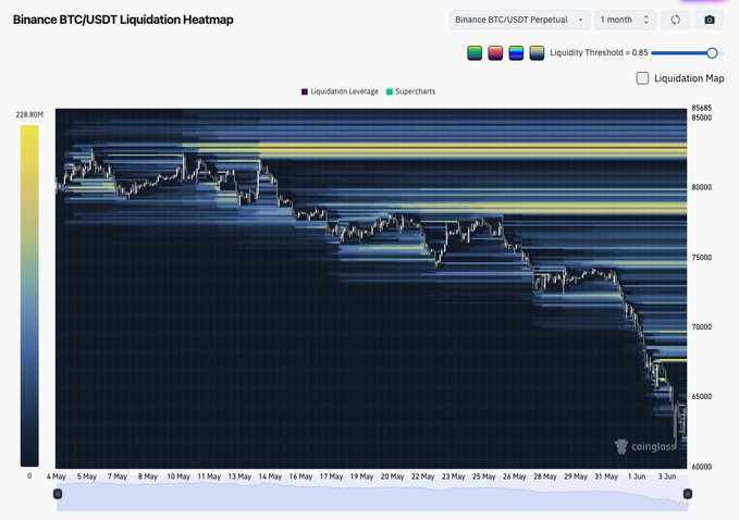 The image presents a bar chart that displays the price of Bitcoin and its Liquidation Heatmap, showing its value over time. The chart shows fluctuations in the cryptocurrency market, reflecting its ups and downs. This information can be useful for traders looking to understand the trends or make decisions about buying or selling Bitcoin. It also allows them to identify periods when there is a higher concentration of Liquidity and compare it with other periods where Liquidity levels are lower. The visualization provides a clear representation of market behavior, enabling users to analyze and interpret data effectively.