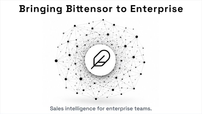 The image features a white background with black text and an illustration of a bird's nest made up of small dots. The text above the illustration reads "Bringing Bittensor to Enterprise", while below the illustration, there is a description that says "@ProofofTalk made one thing clear: for Bittensor to reach the next level, enterprise adoption has to accelerate. At Leadpoet, we’re helping drive that future forward. We’re excited to share that Leadpoet has begun paid pilots with a large, publicly listed Enterprise software".