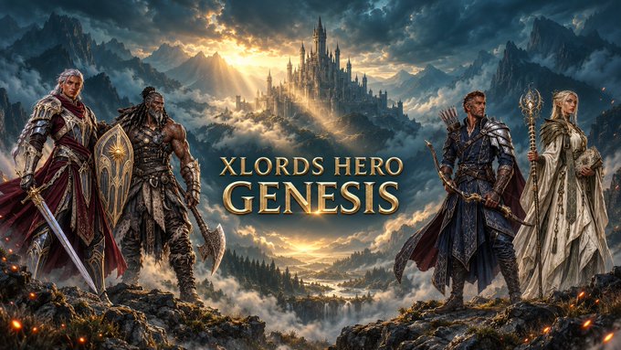 The image is a fantasy-style promotional banner for "XLORDS HERO GENESIS," featuring four armored warrior characters standing on cliffs overlooking a glowing castle and misty valley, with the title displayed in gold lettering. It visually represents the medieval/heroic theme of the XLords Heroes NFT minting announcement described in the post.