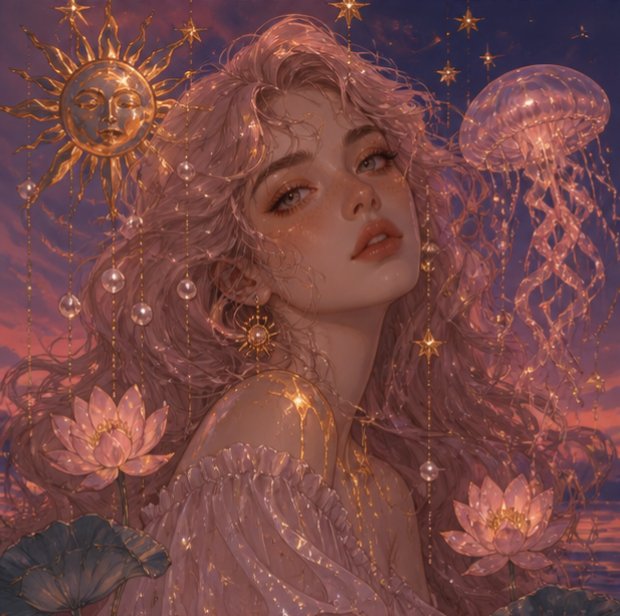 A fantasy digital illustration of a woman with long pink hair, decorated with pearls and a sun earring, surrounded by a golden sun face, a glowing jellyfish, pink lotus flowers, and stars against a purple sunset sky.