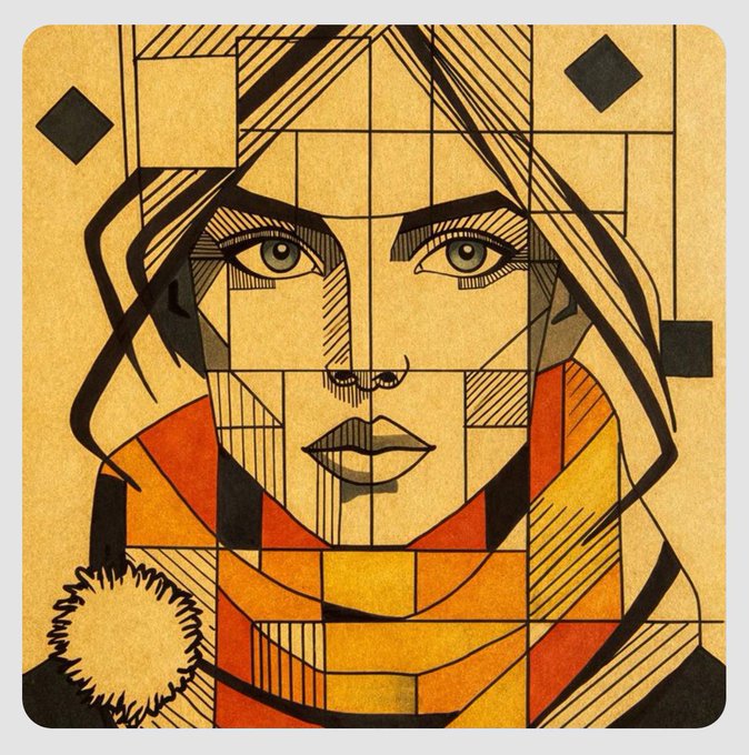A stylized geometric illustration portrays a woman's face with intense eyes, rendered in orange, black, and tan tones with grid-like patterns overlaying the composition.
