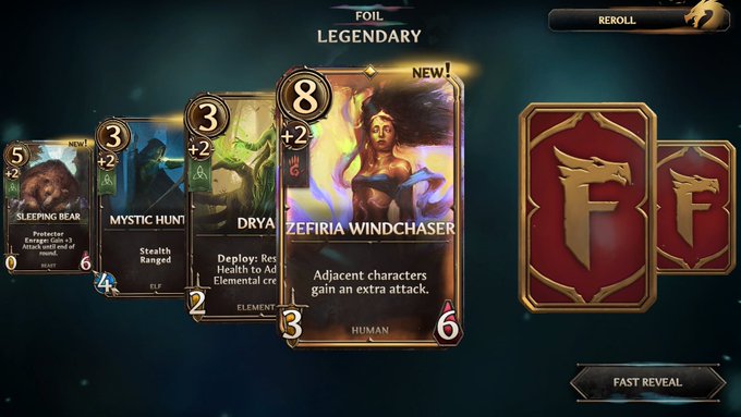 A screenshot from a digital card game showing a foil legendary card called 'ZEFIRA WINDCHASER' with the text 'Adjacent characters gain an extra attack,' alongside other cards like 'SLEEPING BEAR' and 'DRYA'.