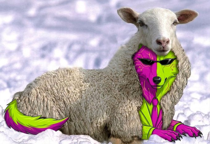 A sheep lying in the snow features a surreal pop-art graphic overlaid on its torso and front legs, depicting a stylized dog or wolf wearing sunglasses in vibrant neon pink and green. A matching pink and green tail extends from the sheep's rear, blending photorealism with bold comic-style illustration.