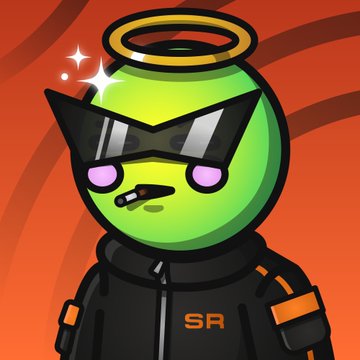 A cartoon green character wearing sunglasses and a halo, dressed in a black jacket with "SR" in orange lettering, representing the Space Riders NFT collection. The image ties into the post celebrating two Space Riders (#3504 and #3400) being sold, with the "SR" branding matching the @SpaceRidersXYZ project mentioned.