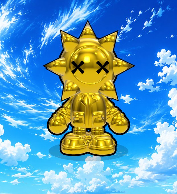 A golden figurine with X-shaped eyes and a sun-ray style head stands against a blue sky with clouds, resembling a stylized designer toy.