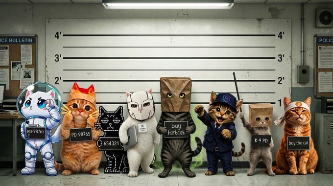 A lineup of seven cats in various costumes (astronaut, horned helmet, cardboard box, police uniform, and more) posed against a police lineup backdrop with height markers.