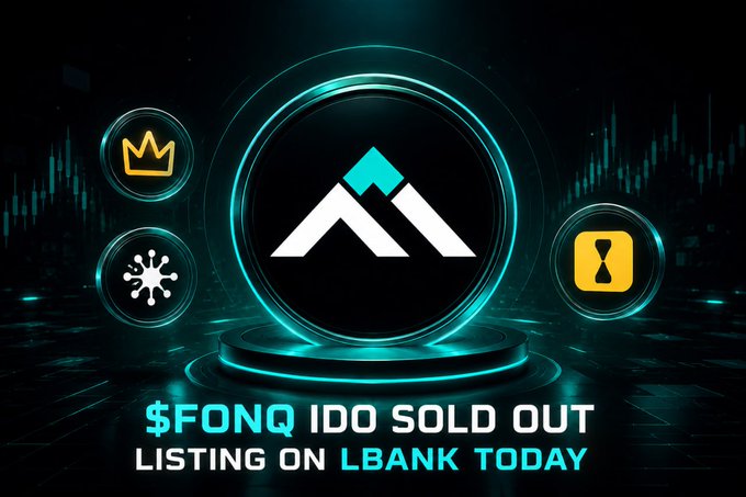 A futuristic promotional graphic announces the "$FONQ IDO SOLD OUT" with text declaring "LISTING ON LBANK TODAY," featuring a central mountain logo surrounded by glowing teal accents and icons including a crown, starburst, and hourglass. The image visually reinforces the post's message of Fintoq's successful IDO sell-out on Spores Network and KingdomStarter ahead of its LBank listing.