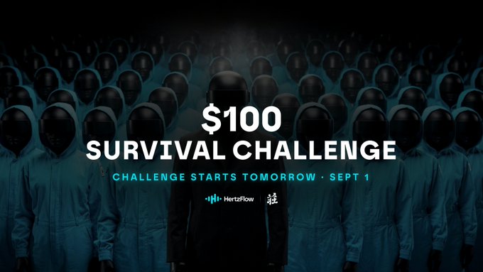 Promotional banner for the "$100 Survival Challenge" by Hertzflow, featuring a crowd of hooded figures in teal with one central figure in black, announcing that the challenge starts tomorrow on September 1. The image's imagery of faceless competitors in the background visually reinforces the post's message that over 1,200 applicants were narrowed down to just 100 selected traders who must now fight to survive and climb the ranks.