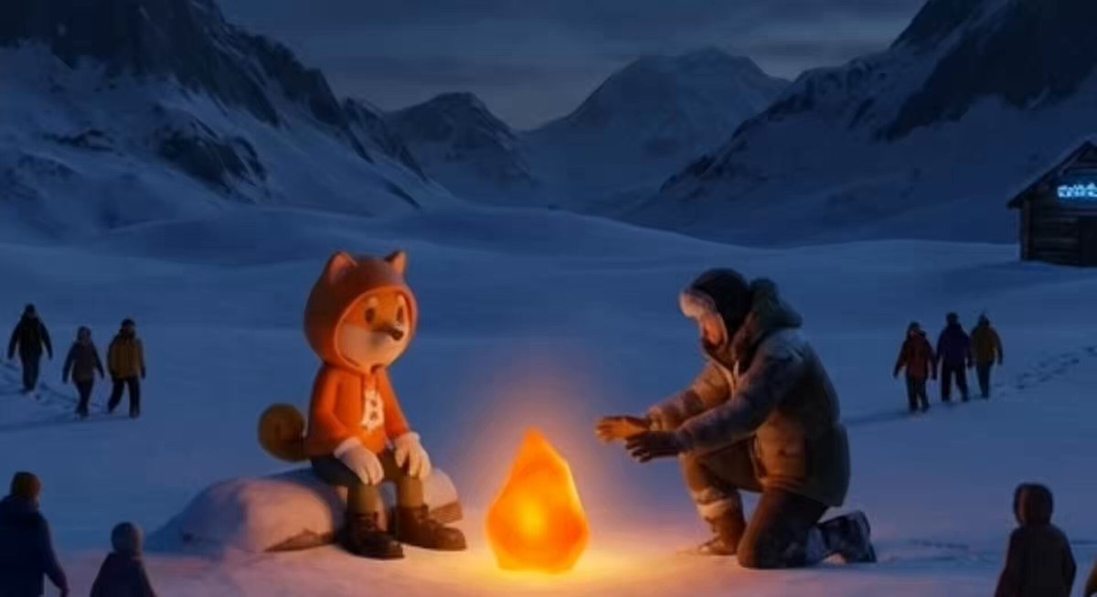 The image features a scene with two characters, one wearing an orange hoodie and the other dressed in black, sitting around a lit fire. The fire appears to be glowing brightly against the dark background of the snowy mountain landscape. In the foreground, there is a small group of people gathered around the fire, possibly enjoying its warmth or participating in some activity related to it. The image also includes text that reads "Day 269 @CoinbaseMarkets Every movement starts the same way. One spark. One believer. One idea that refuses to die. Then people begin to gather".