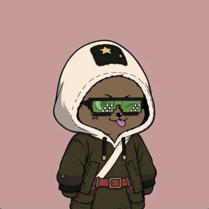 A chibi-style cartoon character wearing a white trapper hat with a star patch, pixelated green "deal with it" sunglasses, and an olive green hooded coat sticks out its tongue playfully, serving as the digital avatar NFT being reviewed and praised in the post.