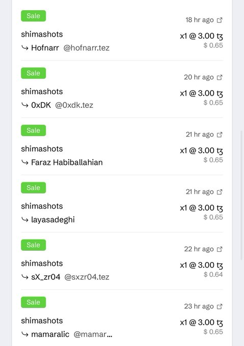 A list of recent sales on the NFT collection "shimashots" at 3.00 ꜩ (~$0.65) each, showing buyers like Hofnarr @hofnarr.tez, 0xDK @0xdk.tez, Faraz Habiballahi, layasadeghi, sX_zr04 @sxzr04.tez, and mamaralic @mamar... within the last 23 hours.