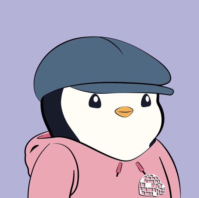 A cartoon illustration of a penguin wearing a pink hoodie and a blue cap on a purple background.
