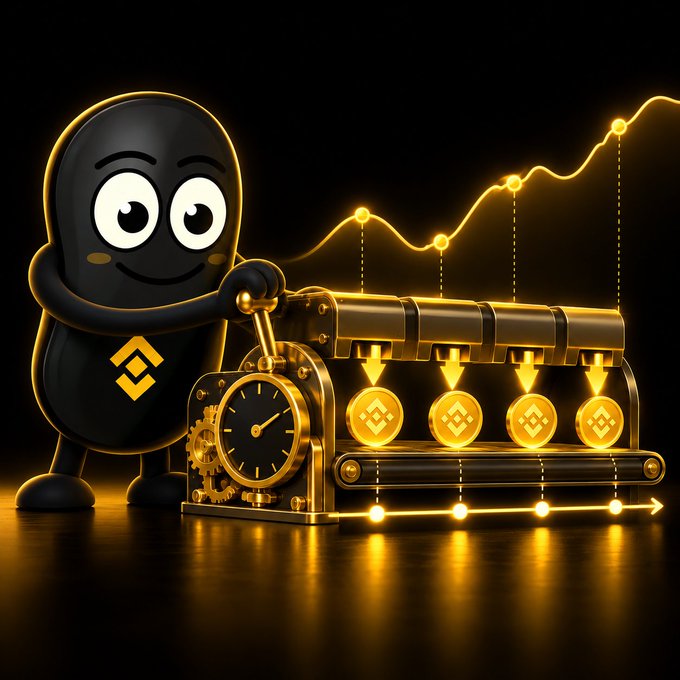 A digital illustration of a black cartoon character with a Binance logo on its body, operating a golden mechanical device that prints glowing Binance coins with an upward-trending chart in the background.