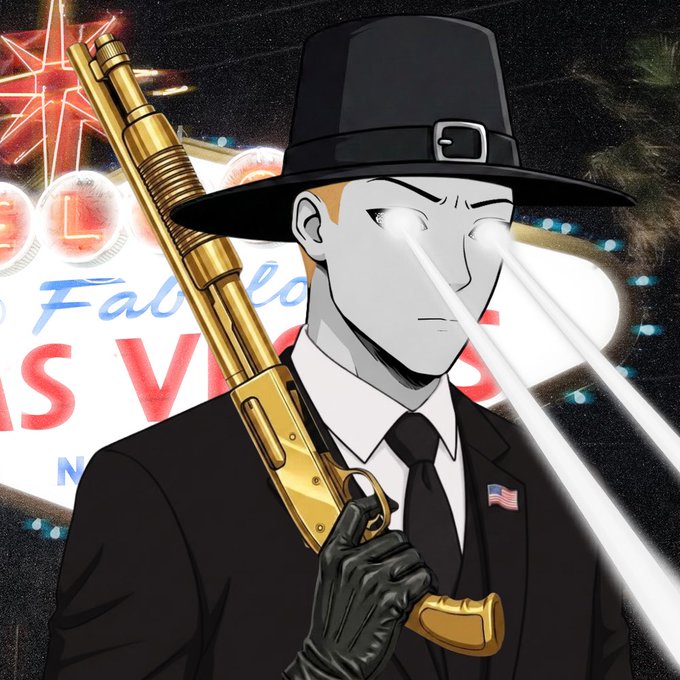 An anime-style illustration depicts a serious-looking man in a black suit, fedora, and black gloves, with glowing white beams shooting from his eyes while holding a gold rifle, set against a Las Vegas backdrop.