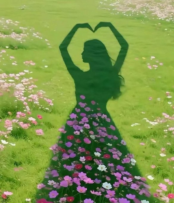 The image features a woman's silhouette, or shadow, cast over a field of flowers with purple and pink petals. The woman appears to be wearing a long dress that matches the colors of the flowers surrounding her. The scene suggests a connection between nature and human creativity, as well as an appreciation for the beauty found in both the natural world and digital art forms like Bitcoin.