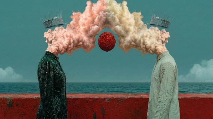 A surreal image of two figures with crowns and smoke emerging where their heads should be, with a red brain-like sphere floating between them against an ocean backdrop.