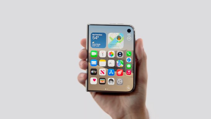 A hand holds a foldable smartphone displaying its home screen with weather (54°), Maps, and various app icons including FaceTime, Photos, and TV. The compact, folded form factor of the device relates to the caption's FOMO reference, suggesting buyers may feel pressure to jump on this trending gadget before it's gone.