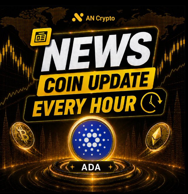 A cryptocurrency news graphic from 'AN Crypto' announcing 'NEWS COIN UPDATE EVERY HOUR' featuring Bitcoin, Cardano (ADA), and Ethereum coins.