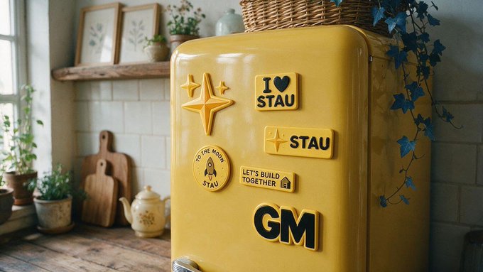 A yellow refrigerator decorated with magnets that read "I [heart] STAU", "STAU", "LET'S BUILD TOGETHER", "GM", and "TO THE MOON STAU", situated in a rustic kitchen setting.