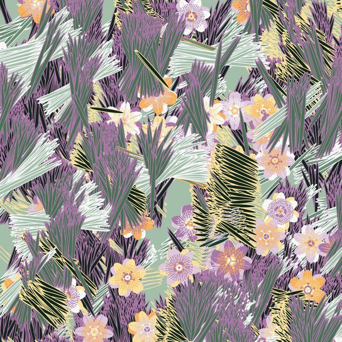 A decorative floral pattern featuring purple and yellow flowers, green leaves, and abstract botanical elements on a light green background.