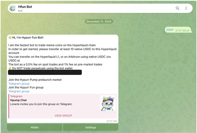 The image shows a Telegram chat with "Hfun Bot" featuring a message from "Hypurr Fun Bot" advertising itself as the fastest bot to trade meme coins on the Hyperliquid chain, charging 0.5% fees on spot trades and 1% on pre-market trades, with Telegram links to join the "Hypurr Pump prelaunch market" and "Hypurr Fun group." This relates to the post about Hfun trenches, which promotes the same Hfun bot as a profitable trading tool for meme coins.