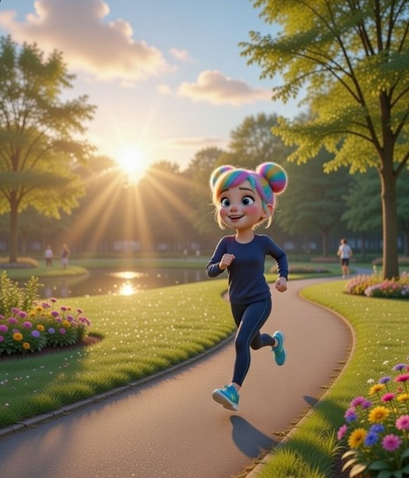 A vibrant animated girl with rainbow-styled hair jogs along a sunlit park path surrounded by flowers and trees. The energetic morning run reflects the post's theme of momentum and progress, symbolizing how @EthraShip is moving forward to connect maritime assets with blockchain technology.
