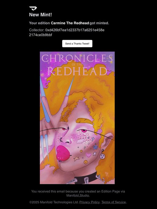 A 'New Mint!' notification from Manifold Studio showing the digital art piece 'Chronicles of the Redhead' featuring a pink-haired figure with piercings and stickers, confirming an edition called 'Carmine The Redhead' was minted.