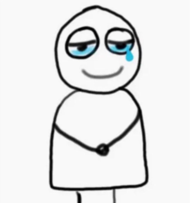 A simple black-and-white drawing of a smiling stick figure with half-closed eyes and a single blue tear rolling down its face.