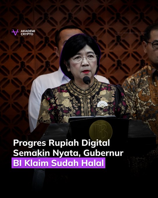 Bank Indonesia Governor Destry Damayanti stands at a podium during a press conference, with overlaid text reading "Progres Rupiah Digital Semakin Nyata, Gubernur BI Klaim Sudah Halal" from Akademi Crypto, highlighting her announcement on the progress of Indonesia's digital rupiah (CBDC) stablecoin project.