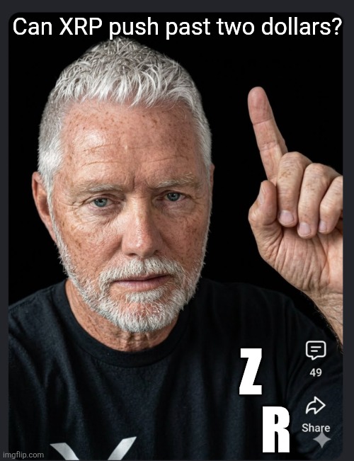 The image shows an older man pointing upward with a skeptical expression, captioned "Can XRP push past two dollars?" with "Z R" text overlaid (49 interactions), referencing the meme's confusion amid the absurd post claiming David Schwartz uploaded his consciousness to Ethereum instead of the XRPL, questioning XRP's relevance under the bizarre 2063 scenario.
